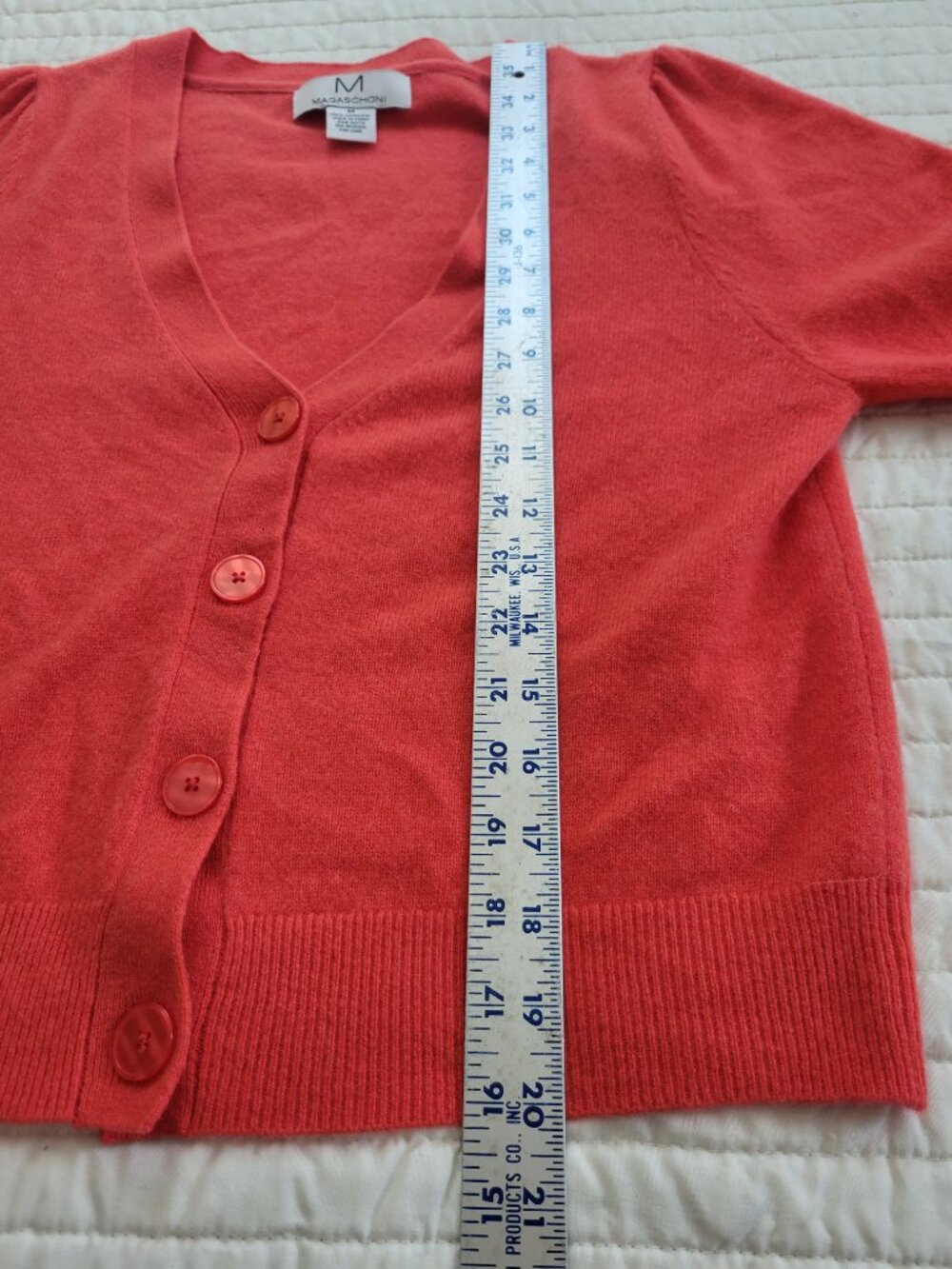 Magaschoni 100% Cashmere V-Neck Button Cardigan Coral Orange Short Sleeve M - Picture 8 of 9